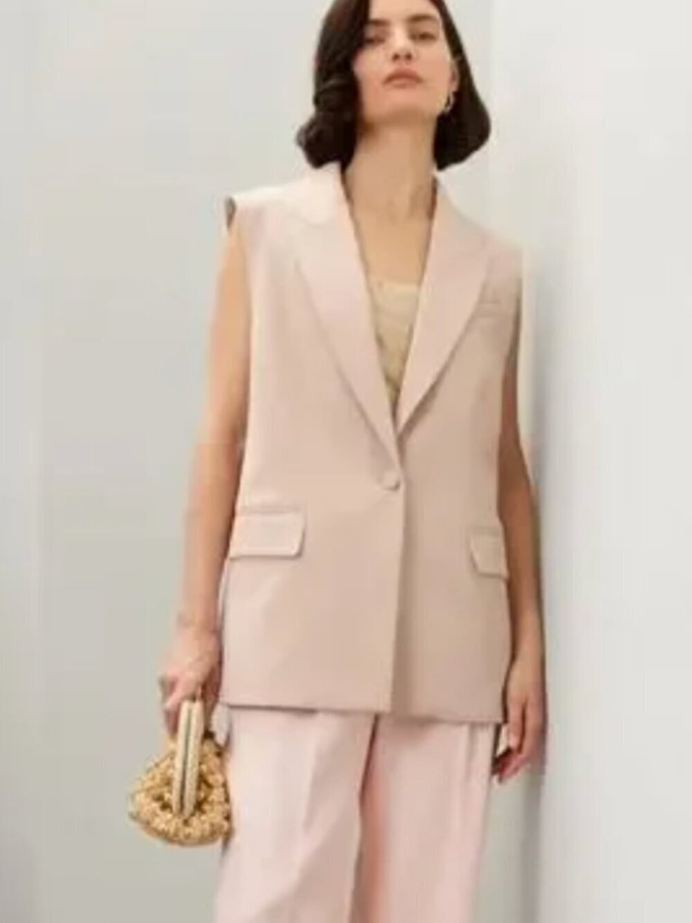 Adam Lippes Suiting Vest Sleeveless Peak Lapel One-Button Front Blazer Beige 2